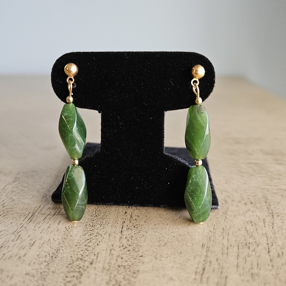Vintage Nephrite Jade Earrings, Gold Plated Pierced Earrings